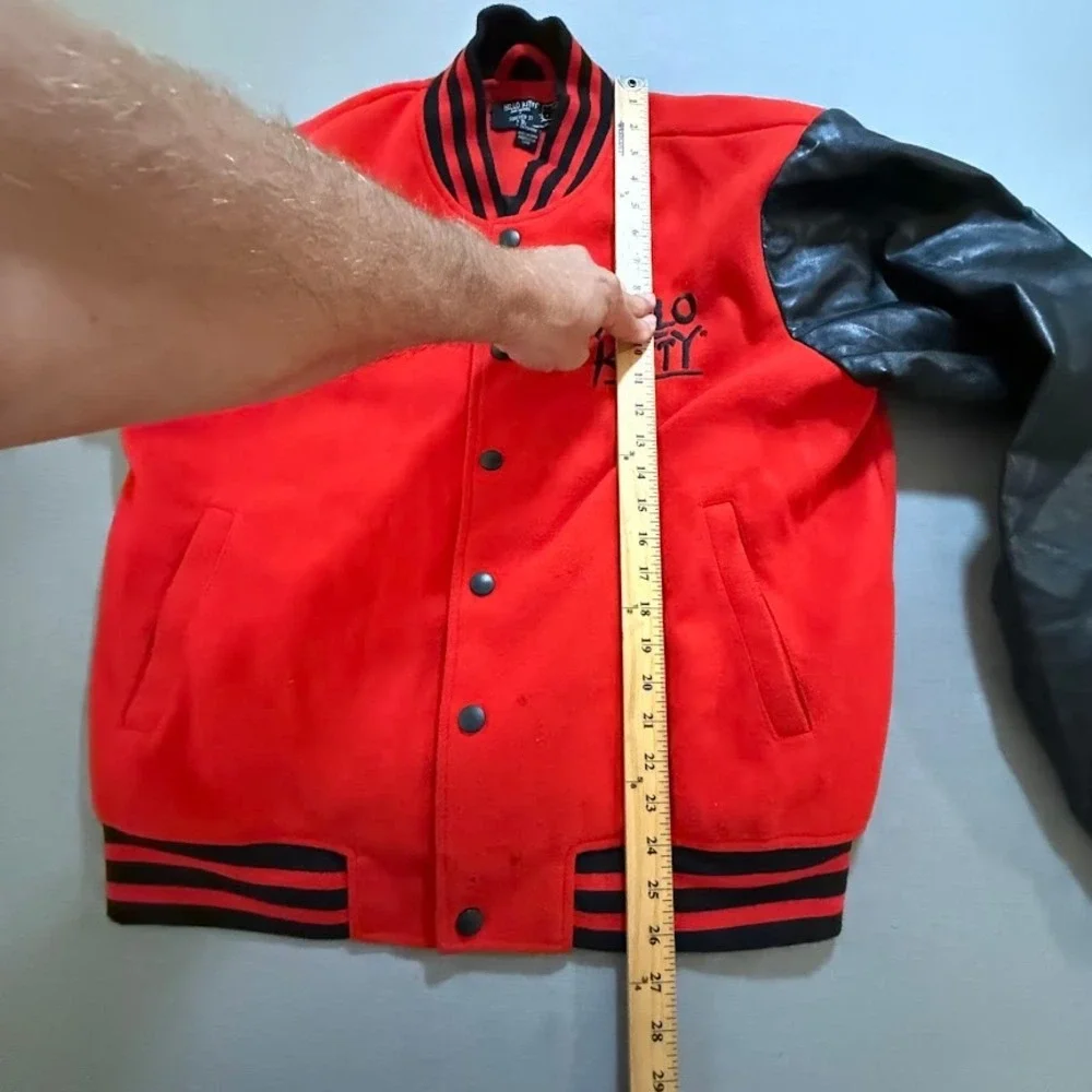 Hello Kitty x Forever‎ 21 Varsity Jacket Red Black Faux Leather Sleeves Mens L
